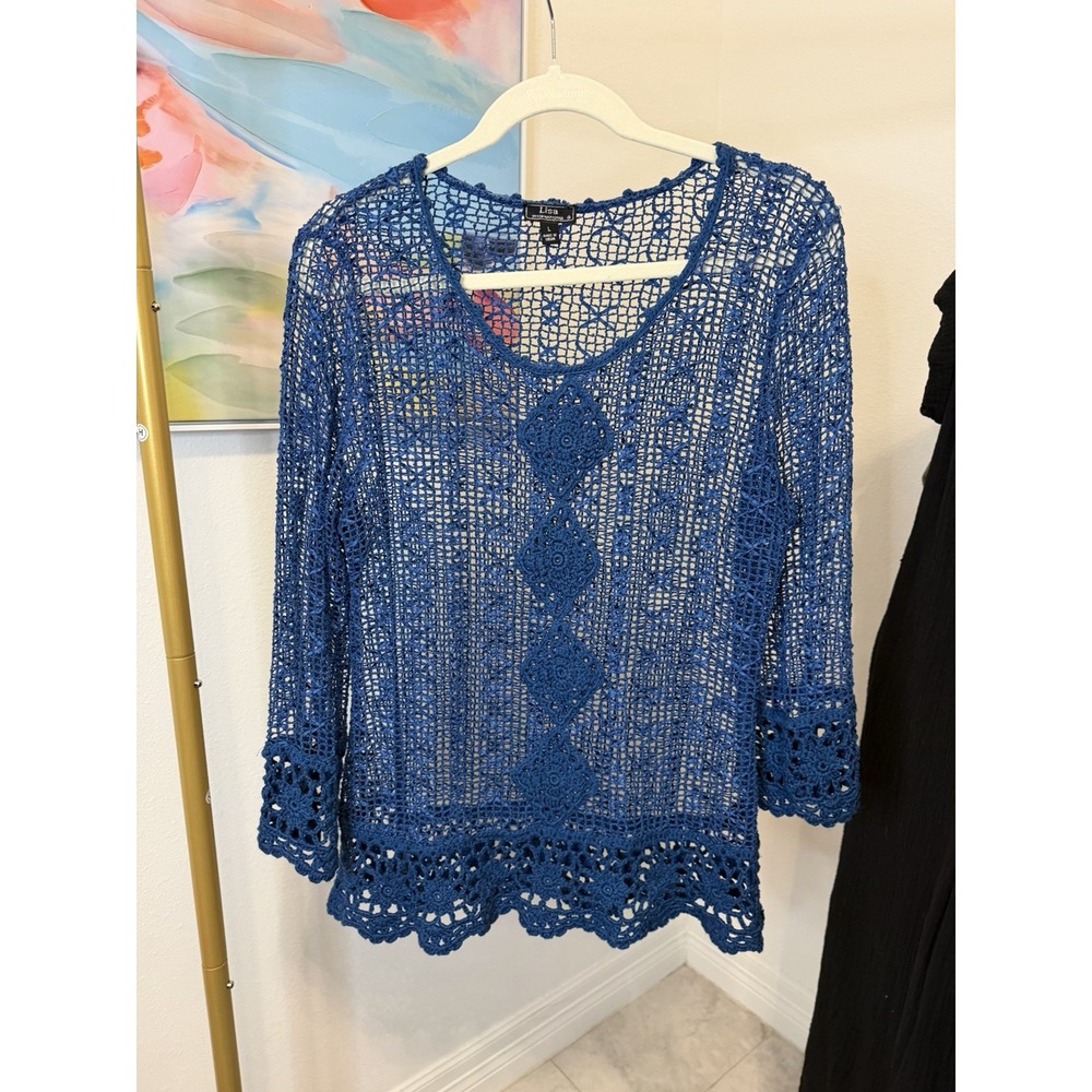 Women's Blue Crochet Lace Blouse Size Large